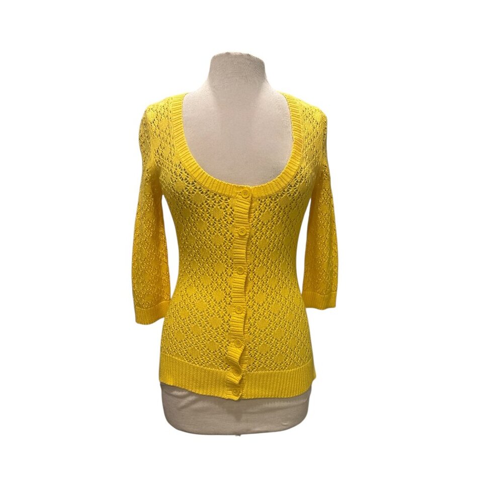 Tabitha Yellow Lace Knit Cardigan Sweater | Medium | 100% Cotton | Retro Cottage - Picture 2 of 7